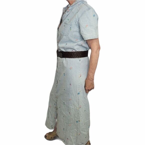 VINTAGE 90s dress denim embroidered floral button up jean maxi L - Picture 3 of 8